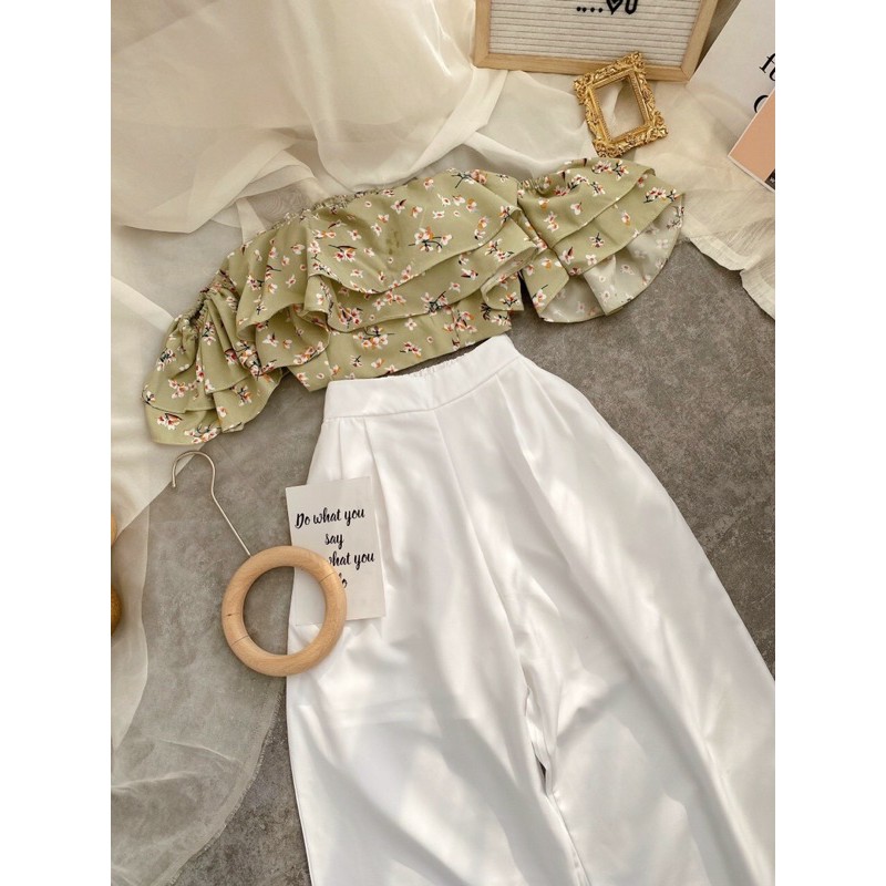 SET CROP BẸT VAI HOA + Quần SUÔNG TRẮNG | BigBuy360 - bigbuy360.vn