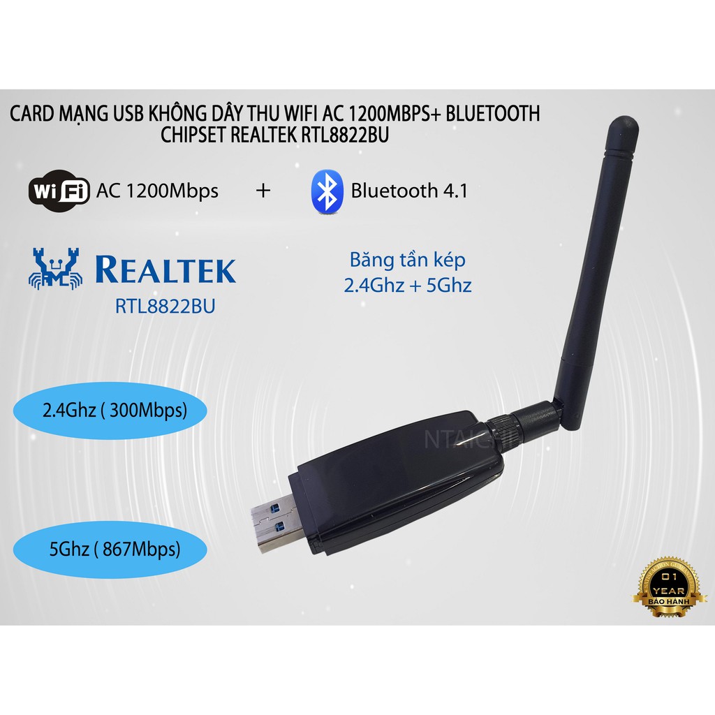 Card mạng USB 3.0 WIFI + Bluetooth | 1200Mbps | Dualband | Chipset Realtek RTL8822BU