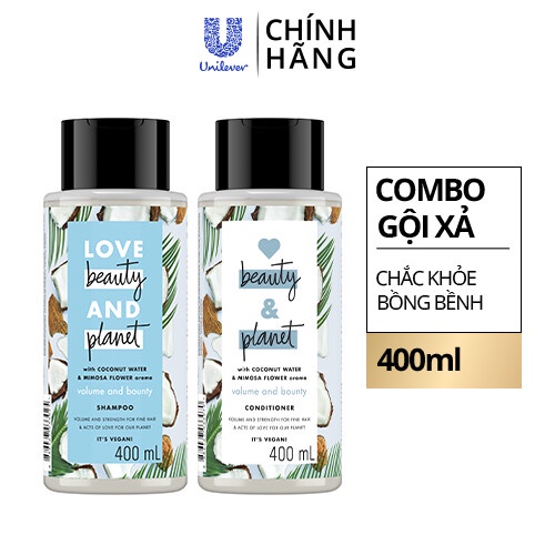 Combo Dầu Gội &amp; Dầu Xả Love Beauty &amp; Planet Dưỡng Chắc Khỏe Bồng Bềnh Volume &amp; Bounty, 100% Dừa Tươi, Hoa Mimosa 400Ml