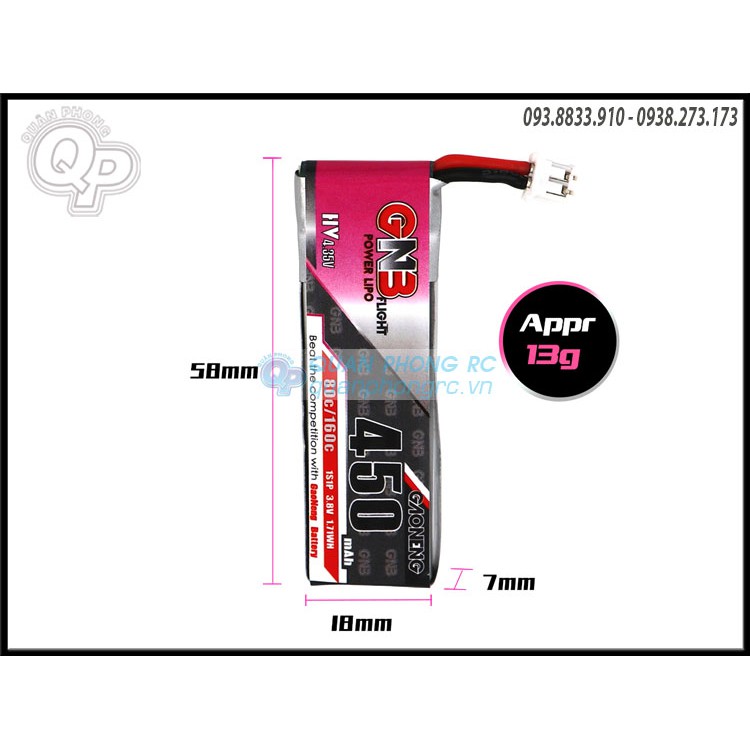 Pin GNB 450mAh 1S 80C 3.8V LiHV Battery PH2.0 MX2.0 For WLtoys K110 K110S