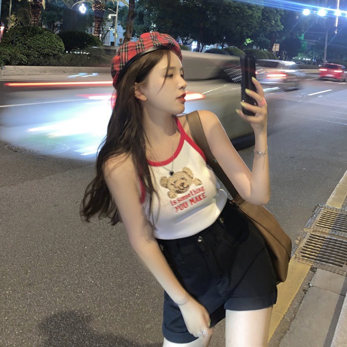 Áo dệt kim ZHELIHANGFEI hai dây siêu ngắn thêu hình gấu quyến rũ cho nữ