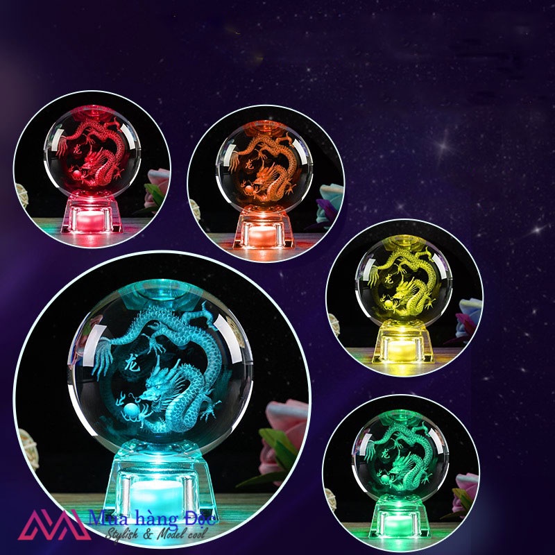 Bộ Quà Tặng Quả Cầu Pha Lê 3D larser LED 12 Con Giáp Tuổi  Thìn