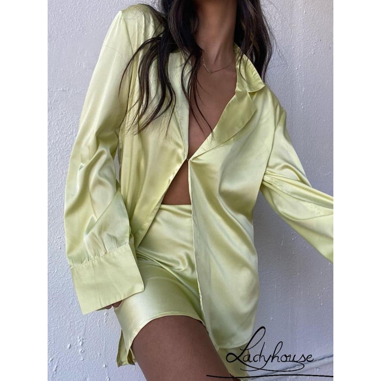 Bộ Áo Sơ Mi Tay Dài Màu Trơn Cài Nút + Chân Váy Lưng Cao Thời Trang Mùa Hè Xinh Xắn Cho Nữ