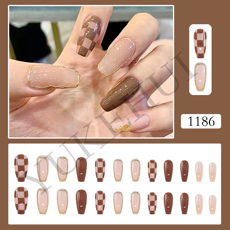 1186 bộ móng tay giả set móng giả trong suốt móng tay giả đính nơ móng tay giả dài vuông set 24 móng tay giả  móng giả thiết kế bàn cờ nâu