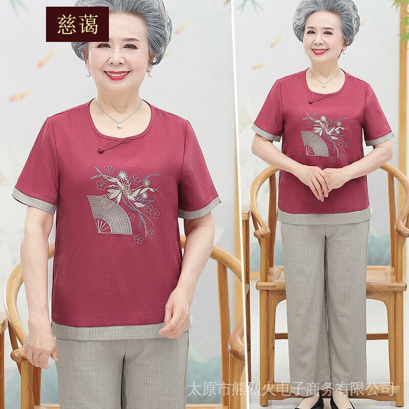 Bộ Quần Áo Vải Lanh Cotton Ngắn Tay Thời Trang Mùa Hè Cho Phụ Nữ Trung Niên 60-70 Tuổi