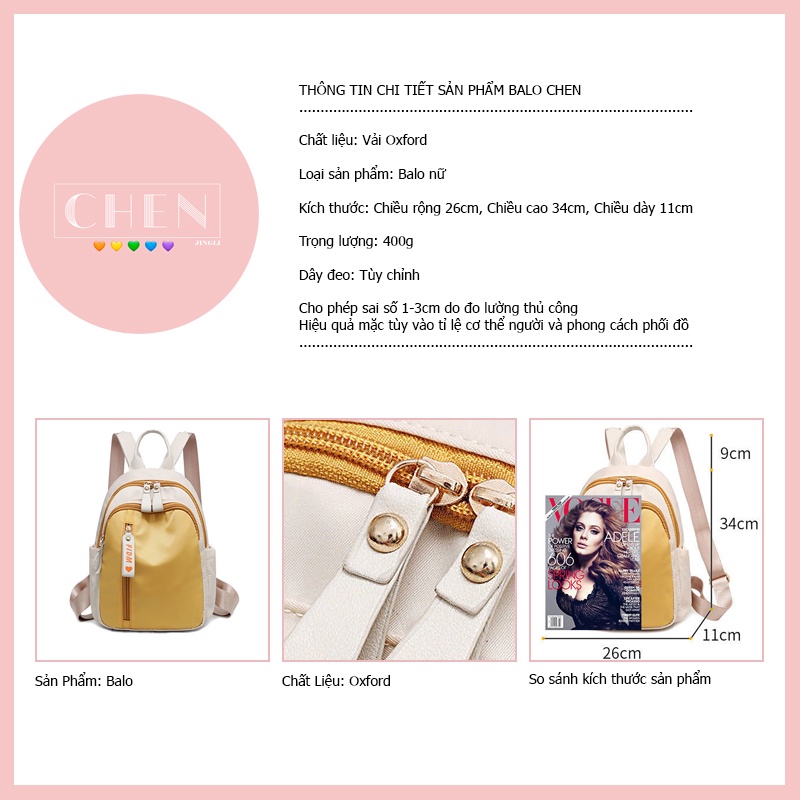 Balo nữ CHEN balo ulzzang đẹp đi học đi vải oxford cao cấp chống nước BL05