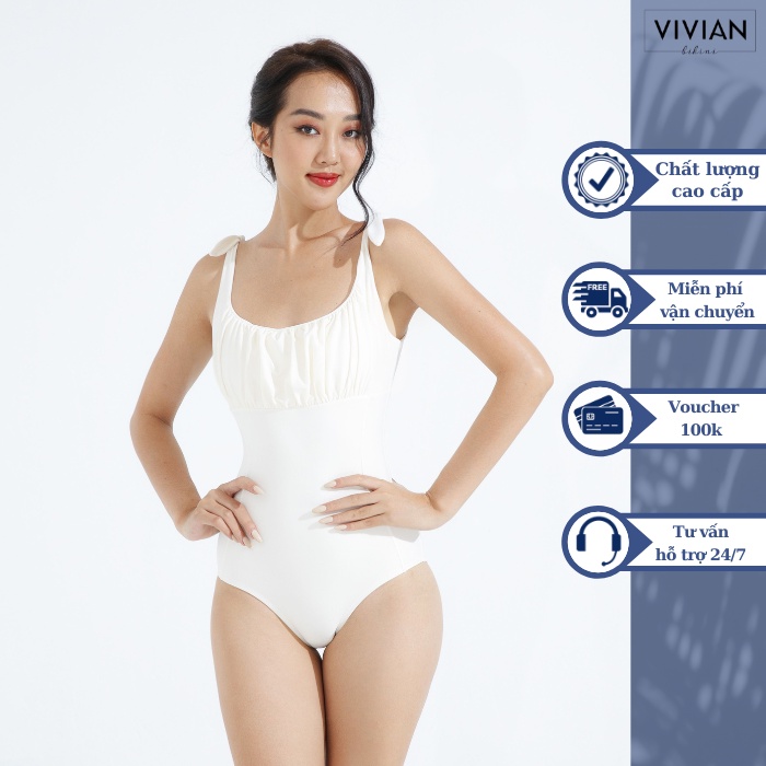 Đồ bơi nữ cao cấp 𝐕𝐈𝐕𝐈𝐀𝐍 dạng một mảnh cổ U ngực nhún - Trắng - VP004_WH