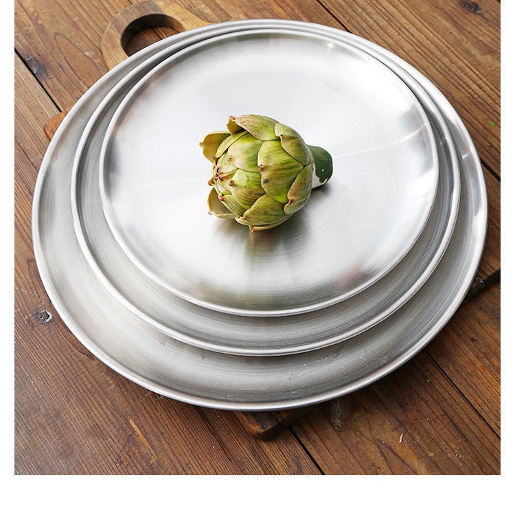 Đĩa tròn bằng thép không gỉ dày dặn phong cách Hàn Quốc