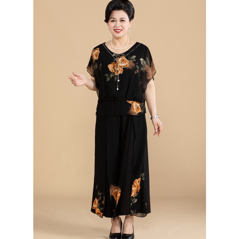 Bộ Trung Niên Nữ S400, Bộ Voan 2 Lớp Quần Ống Rộng, Kiểu Áo Tay Cánh Tiên In Hoa | Thời Trang Trung Niên Big Size