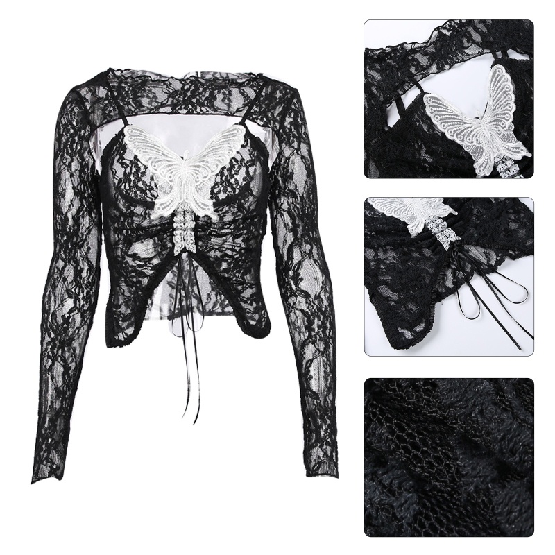Bộ Trang Phục 2 Mảnh Gồm Áo Croptop Tay Dài Và Áo Hai Dây Xuyên Thấu Phối Ren Hình Bướm Dành Cho Bạn Nữ