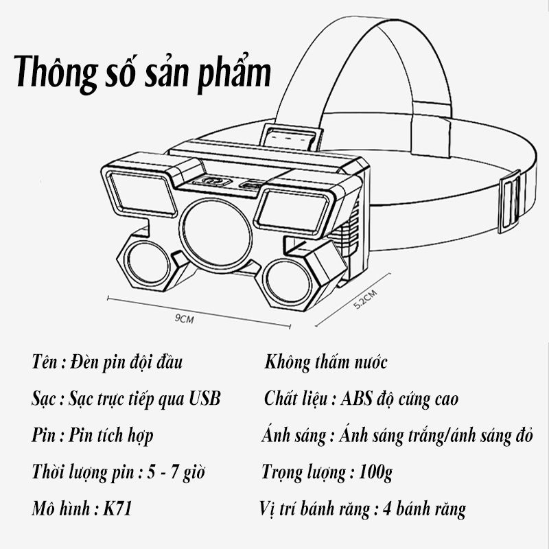 Đèn pin đeo đầu 5 bóng siêu sáng dùng pin sạc