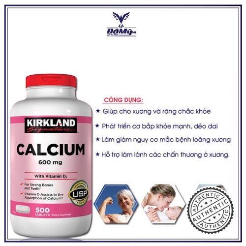 Viên uống Canxi Kirkland Calcium 600mg + D3 hộp 500 viên của Mỹ