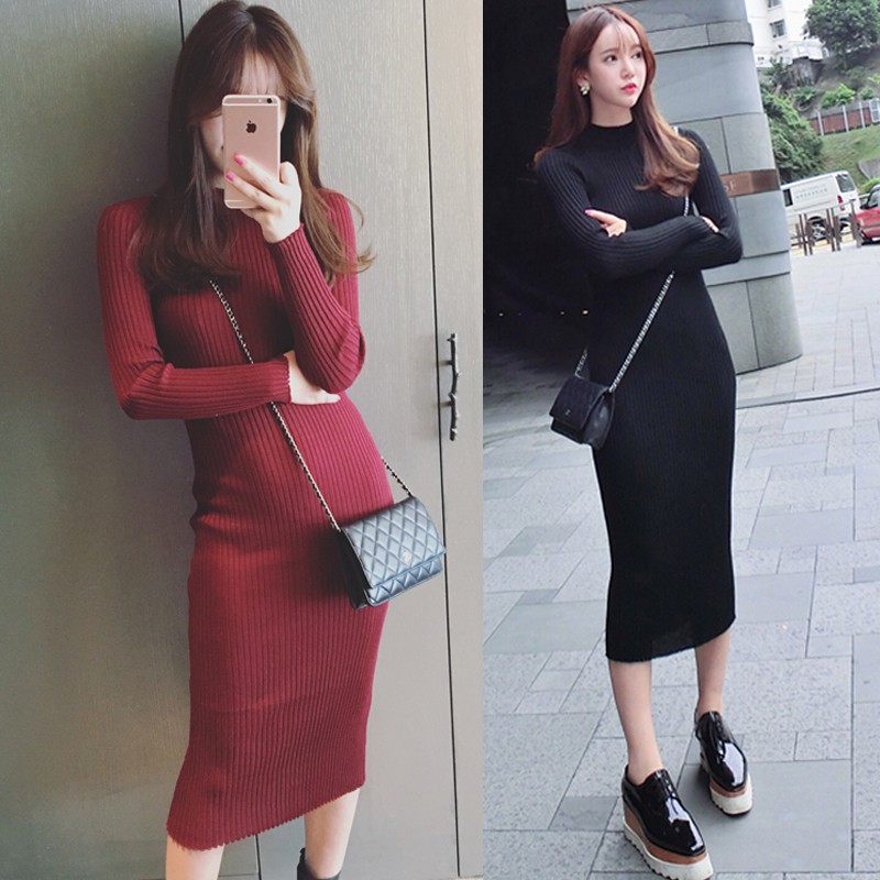 Váy len body, váy len tăm cổ 3 phân silive dáng ôm qua gối, chất len dày dặn