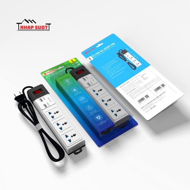 Ổ cắm liền dây đa năng Rạng Đông có cổng USB 5V 2A, ổ điện có màng che an toàn, công suất 2500W (Model: OC02.USB/10A)