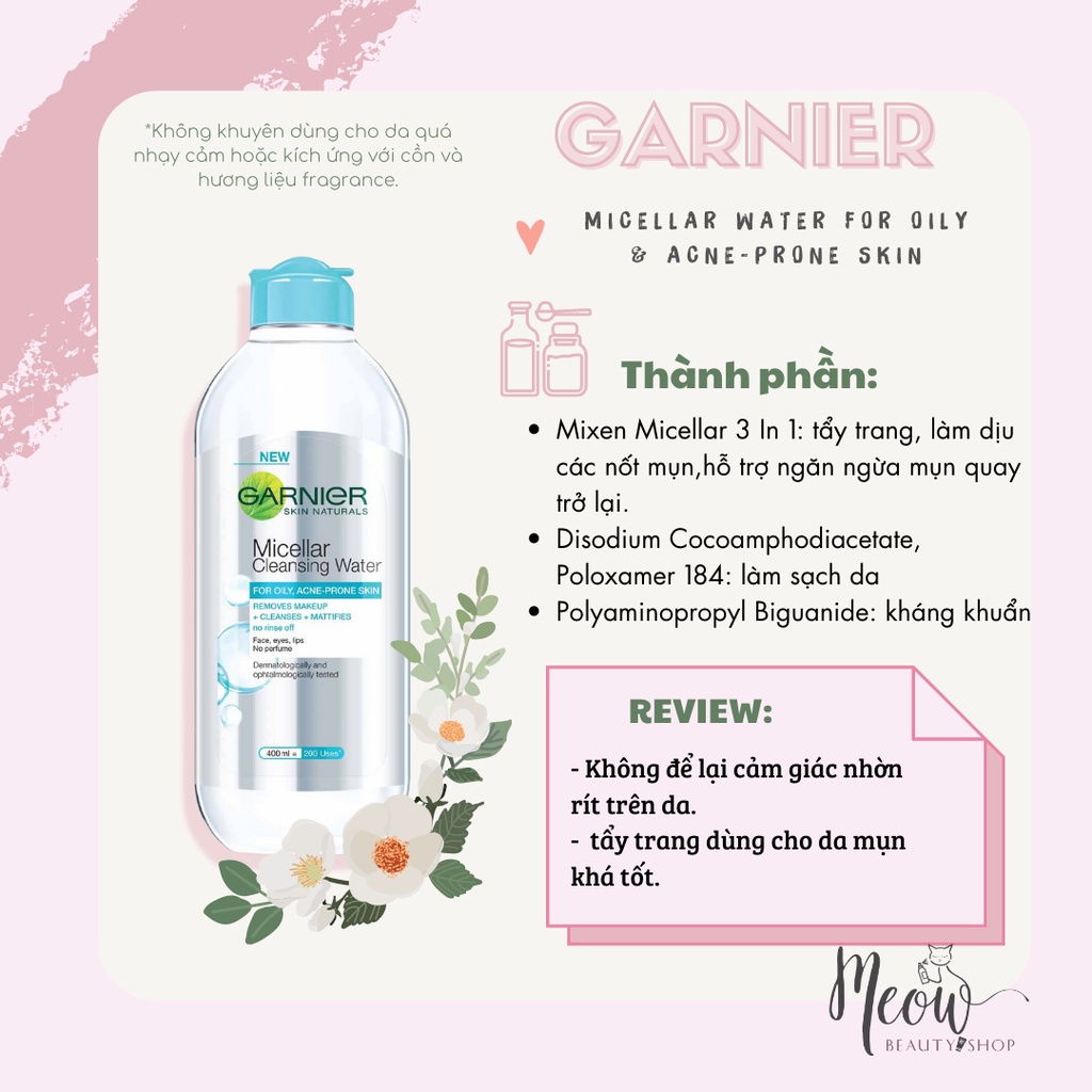 Nước làm sạch và tẩy trang cho mọi loại da Garnier Micellar Water 125ml - 400ml