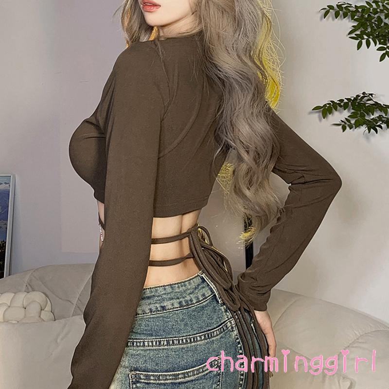 Áo Croptop Tay Dài Cổ Chữ V Màu Sắc Đơn Giản Cho Nữ