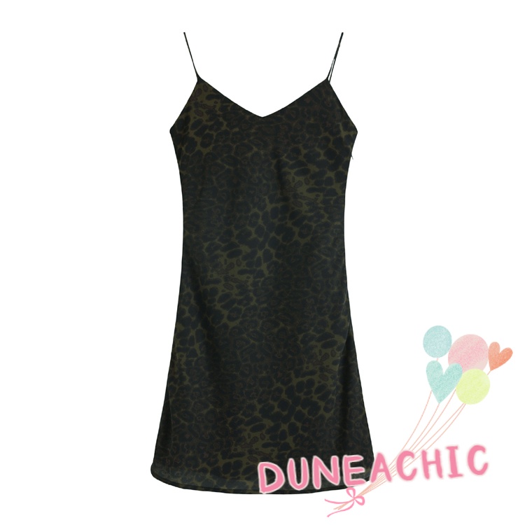 DUNEA Đầm Dây Nữ Cộc Tay Cổ Chữ V In Họa Tiết Da Báo Thời Trang