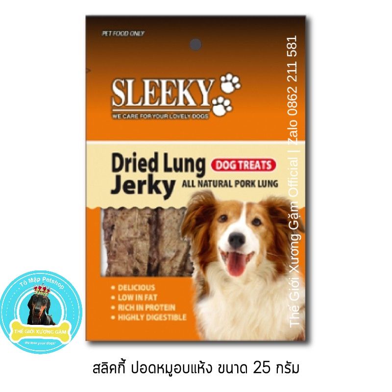 PHỔI HEO SẤY SLEEKY DRIED LUNG JERKY CHO CHÓ TÚI 25G