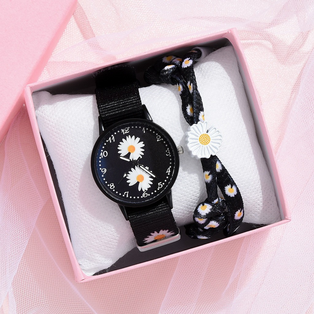 Set đồng hồ đeo tay và vòng đeo tay họa tiết hoa cúc nhỏ xinh phong cách Hàn Quốc cho nữ