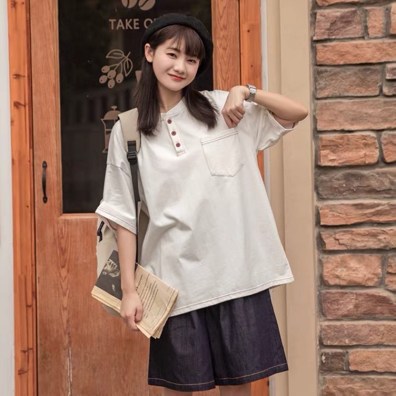 Bộ Áo Phông Rộng Chỉ Nổi + Quần Ngố Bò Phong Cách Nhật Bản COTTON 100%