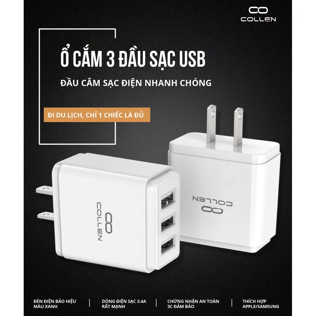 [SẠC NHANH] Côc Sạc Nhanh 3.4A 3 Cổng 3 Chân Cắm USB Collen Đa Năng Cho Điện Thoại iphone, samsung, xiaomi, huawei, oppo