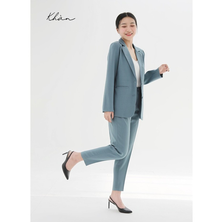 Set vest blazer quần baggy nữ KHÀN màu xanh lơ tay dài 1 lớp phong cách công sở Hàn Quốc