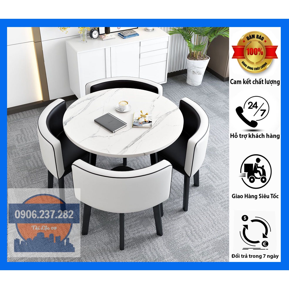 Bộ 1 bàn 4 ghế ngồi ăn cơm, BỘ BÀN GHẾ ĂN CƠM TRÒN MẶT VÂN ĐÁ VÀ 4 GHẾ DA cao cấp