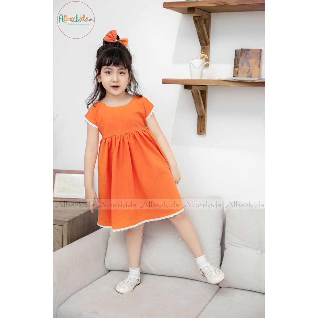 Váy cho bé gái ALBER KIDS màu cam phối viền ren Orange Dress chất liệu đũi lạnh mềm mát và thấm hút mồ hôi [V15]