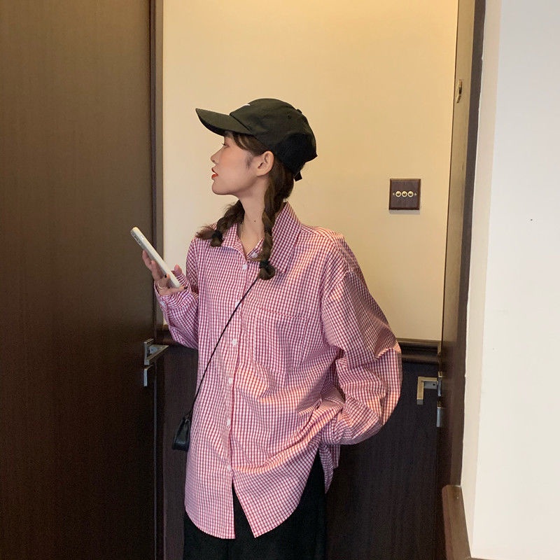 Mới Áo Sơ Mi Tay Dài Dáng Rộng Kẻ Ca-Rô Trẻ Trung Phong Cách Hàn Quốc Cho Bạn Gái