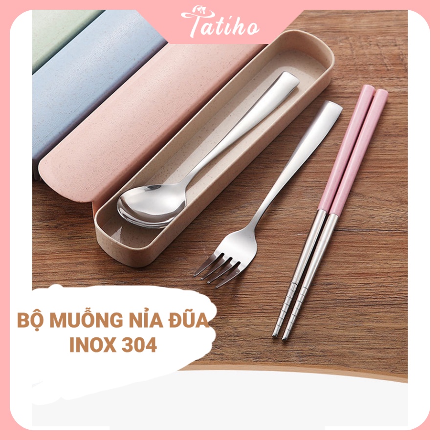 [Hàng Xịn, Giá Tốt] Bộ 3 Món Đũa, Muỗng, Nĩa Lúa Mạch Chất Liệu Inox 304 Không Rỉ Kèm Hộp - Mã HH003