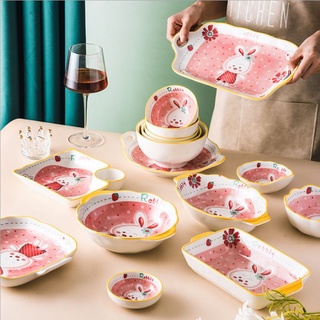 Bộ bát đĩa/ set bát đĩa thỏ hồng decor, cho bé ăn dặm