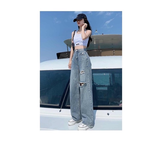 Quần jean ống rộng rách phá siêu đẹp