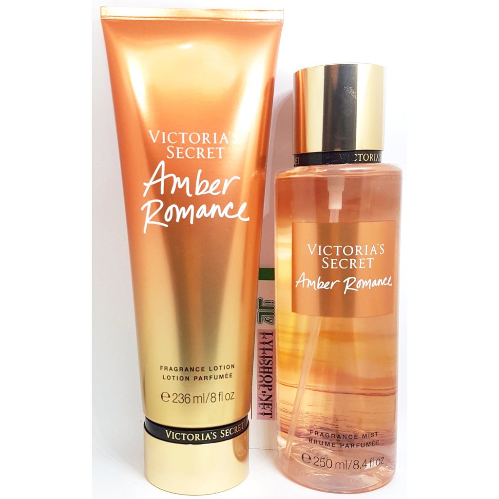 Xịt thơm toàn thân Mist chai 250 ml và lotion dưỡng thể tuýp 236 ml loại Amber Romance hãng Victoria's Secret từ mỹ