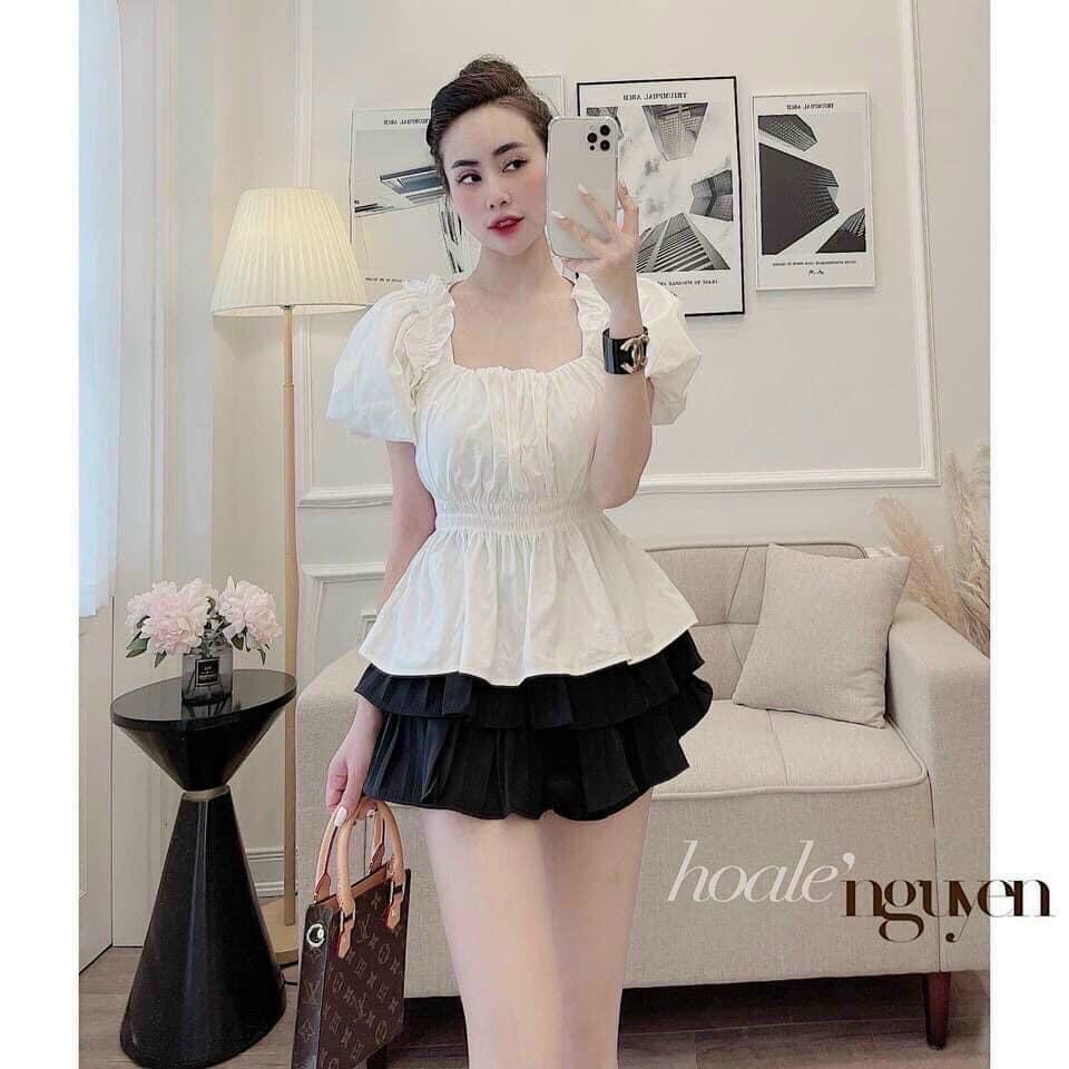 Áo kiểu nữ peplum cổ vuông tay ngắn nhún bo eo thon Mc