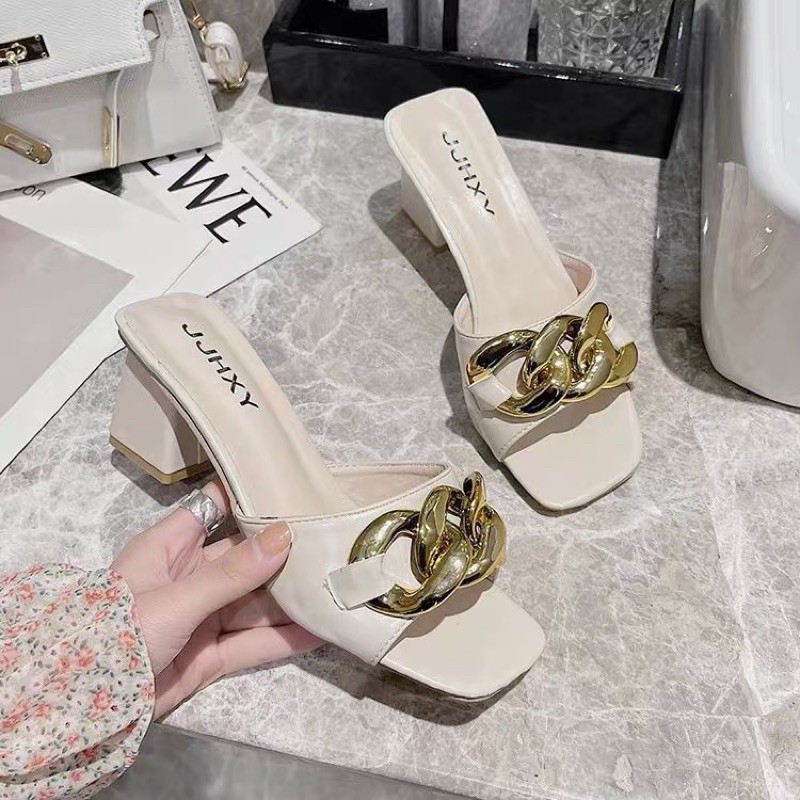 Guốc gót vuông 6cm da mềm bản to khoá xích BIG SIZE 35-43