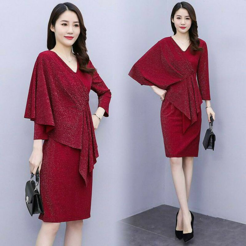 Hàng nhập - Đầm dự tiệc cánh dơi sang trọng, váy body thun kim tuyến