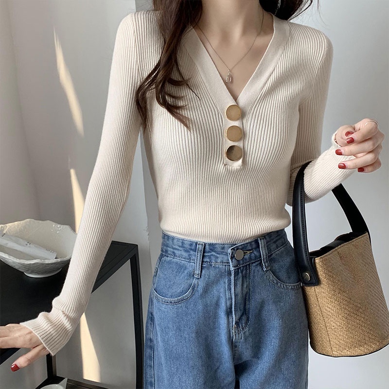 Áo Dệt Kim Tay Dài Dáng Ôm Cổ Chữ V Phối Nút Phong Cách Thời Trang Hàn Quốc Dành Cho Nữ
