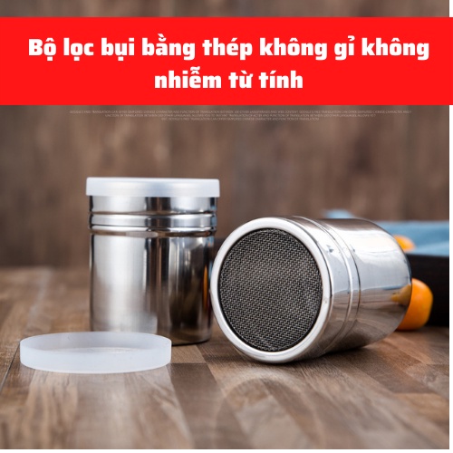 Lọ rắc bột hũ rắc hột cacao, socola matcha Inox có nắp và bộ khuôn rắc bột cao cấp dụng cụ nhà bếp đa năng chống gỉ