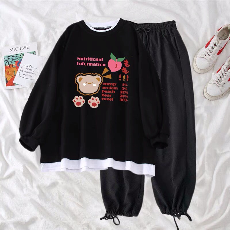 Sét bộ áo nỉ bo gấu trắng in Gấu + quần bom chun , Áo nỉ Unisex from rộng, thiết kế phong cách Hàn quốc - MODY