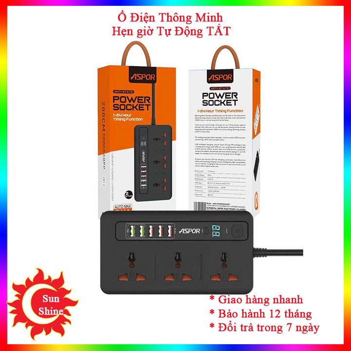 [MẪU MỚI]ASPOR A503 với 5 cổng USB Sạc nhanh 3.1A,Ổ hẹn giờ thông minh Tự Động TẮT,Phích cắm Đa Năng,Ổ Điện