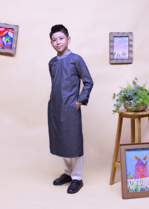 Áo dài bé trai denim chấm Jadiny