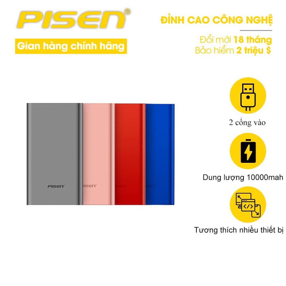 Sạc dự phòng Pisen Color Box 10000mAh (Cổng IP, 2.4A) - Hàng Chính Hãng