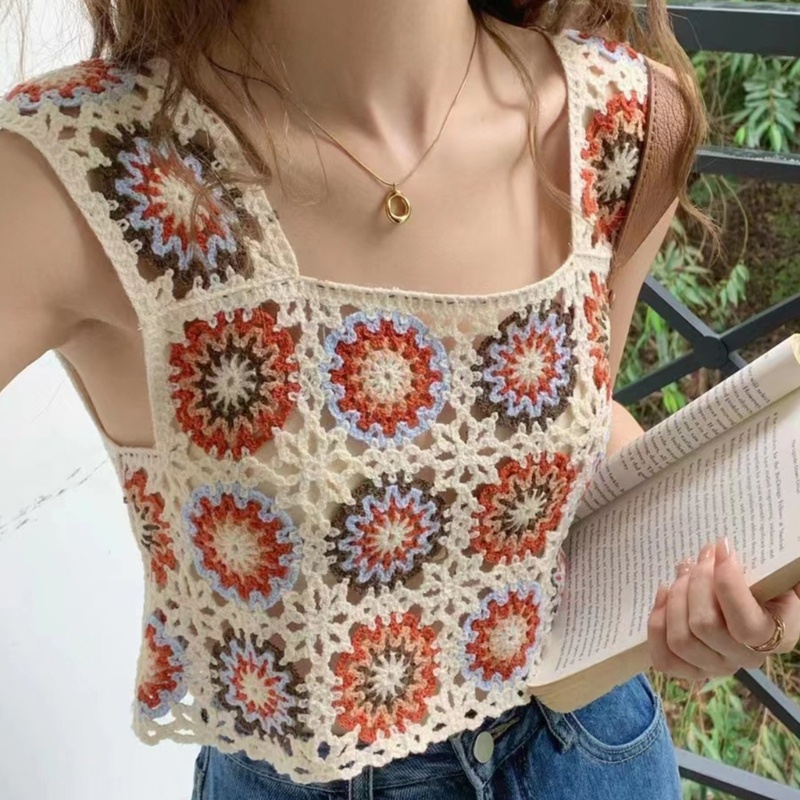 Áo Croptop Dệt Kim Không Tay In Họa Tiết Hoa Thời Trang Cho Nữ