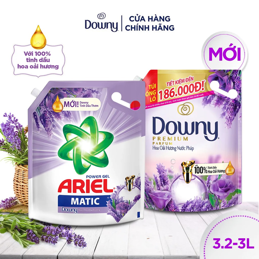 Combo Nước Giặt ARIEL Hương Downy Nước Hoa Oải Hương Túi 3.2Kg &amp; Nước Xả Vải DOWNY Hương Hoa Oải Hương Nước Pháp Túi  3L