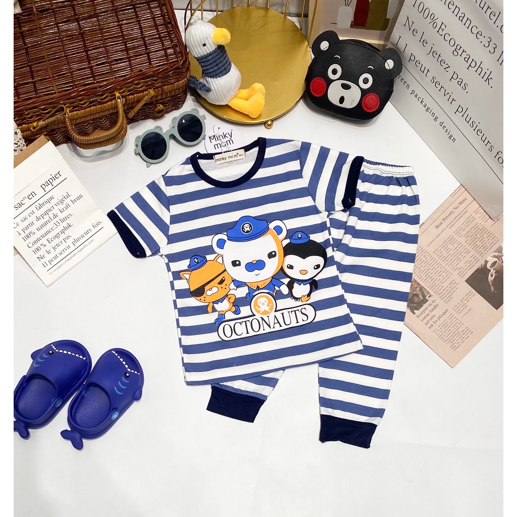 Bộ Tay Ngắn Quần Dài MINKY MOM COTTON HÀN Vải Sọc In Hình Ngộ Nghĩnh Cho Bé TN-IN114