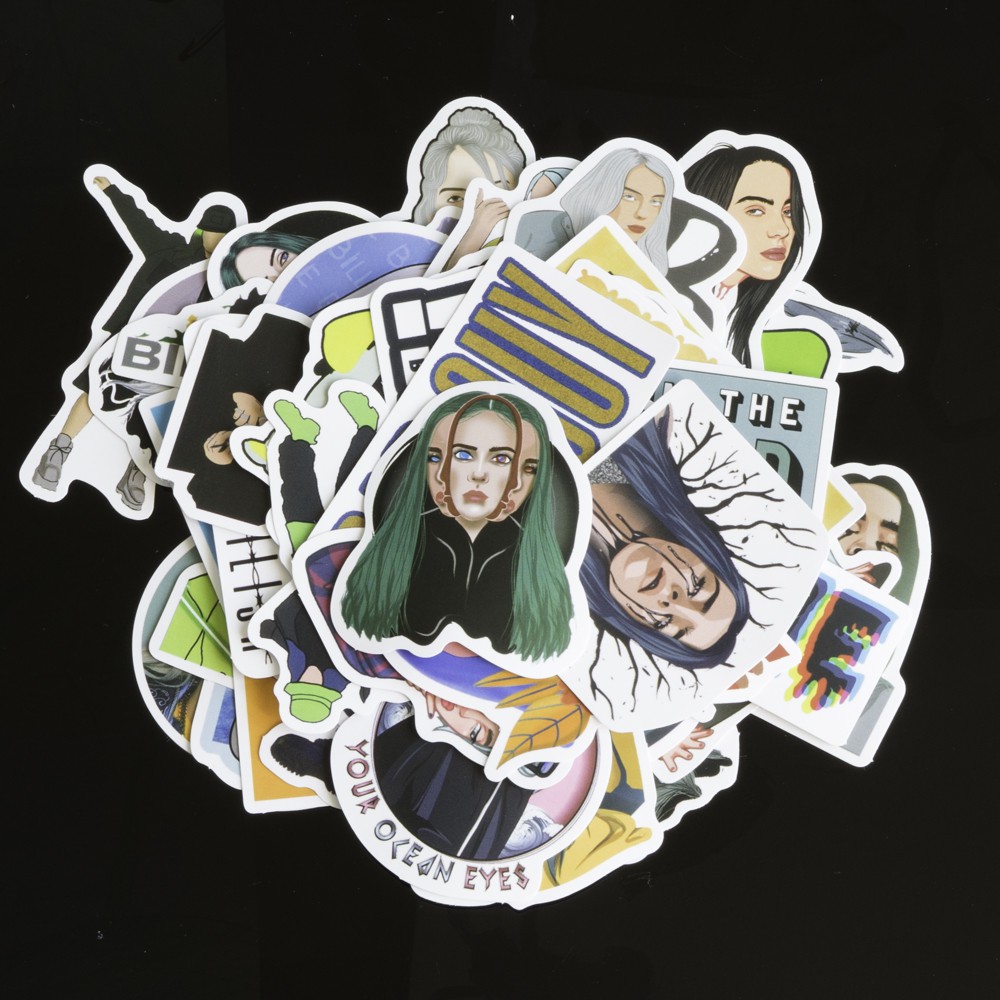 Bộ 50 miếng dán sticker, stickers cao cấp chủ đề Billie Eilish trang trí Vali Laptop Mũ Bảo Hiểm Xe Máy Guitar Ukelele