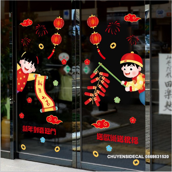 Decal trang trí Tết - Các Bé đốt Pháo đối liễm chào Xuân
