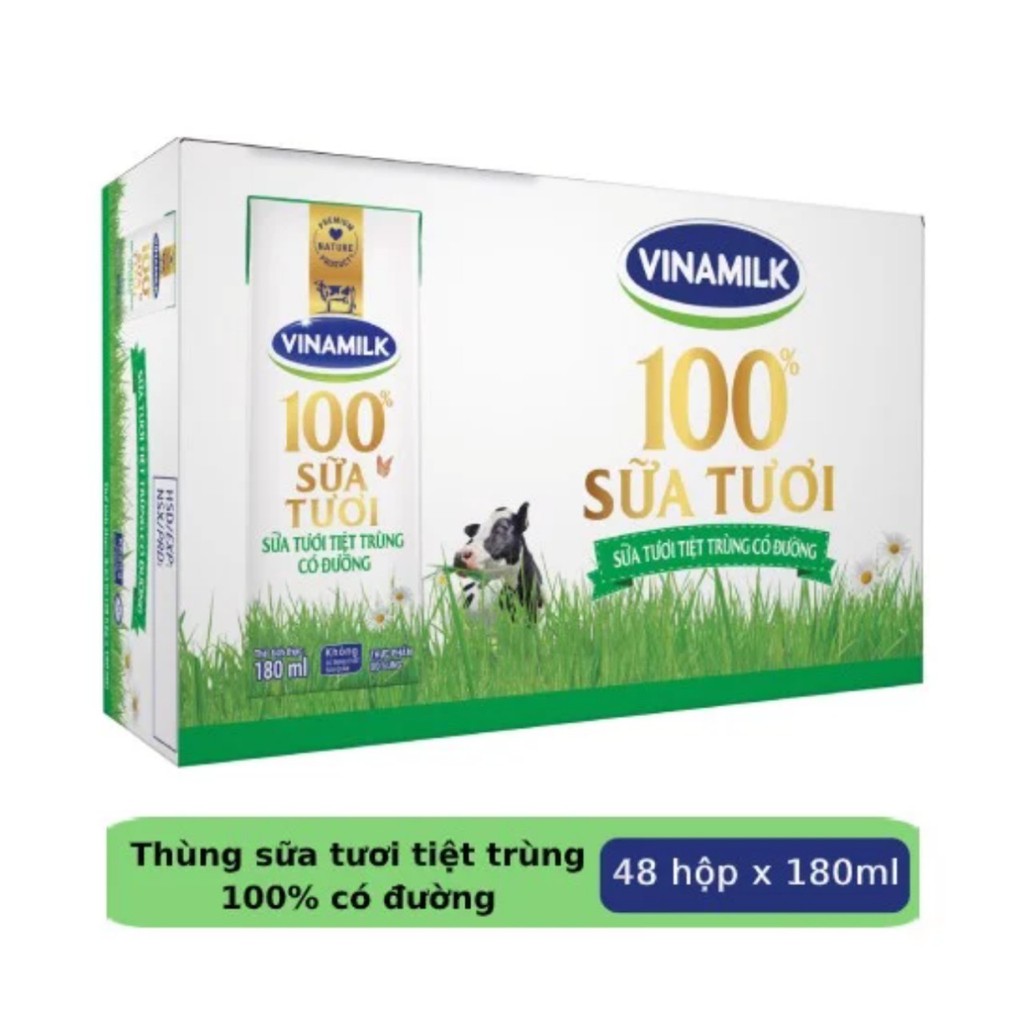 THÙNG 48 HỘP SỮA TƯƠI CÓ ĐƯỜNG VINAMILK 180ML 100%