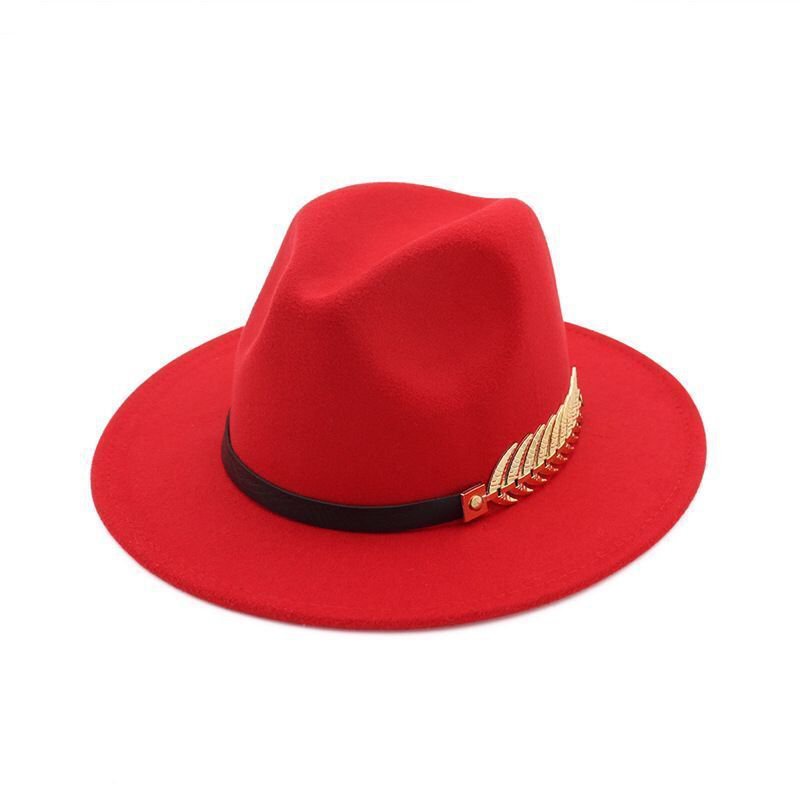 Korean Style Trendy New Golden Leaf Leather Ring Woolen Hat Korean Woolen Hat European and American British Hat Retro Felt Hat