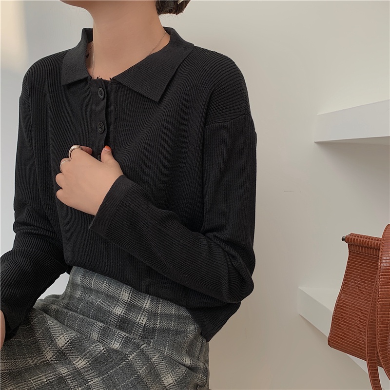 SUXI Áo Polo Dệt Kim Tay Dài Dáng Ôm Phong Cách Hàn Quốc Thời Trang Cho Nữ